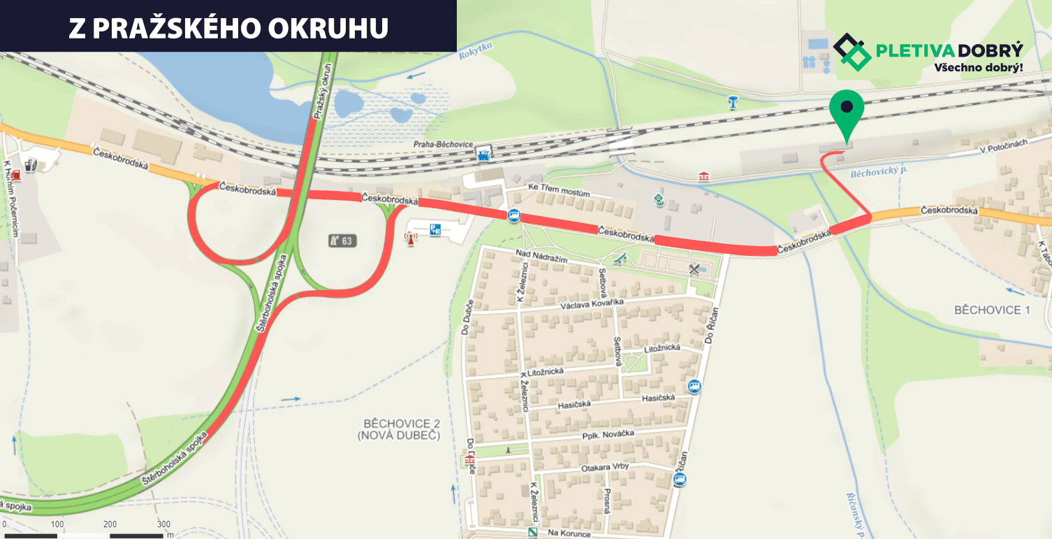 mapa – zakreslená trasa z Písku, z Českých Budějovic na pobočku Pletiva Dobrý